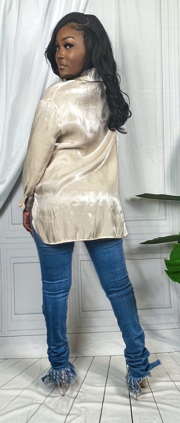 SilkTanButtonDown_1 model wearing silky satin like button down top in gold